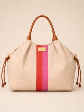 Kate Spade Canvas Tote Bag Beige Pink Stripe Large Travel Shoulder Chic